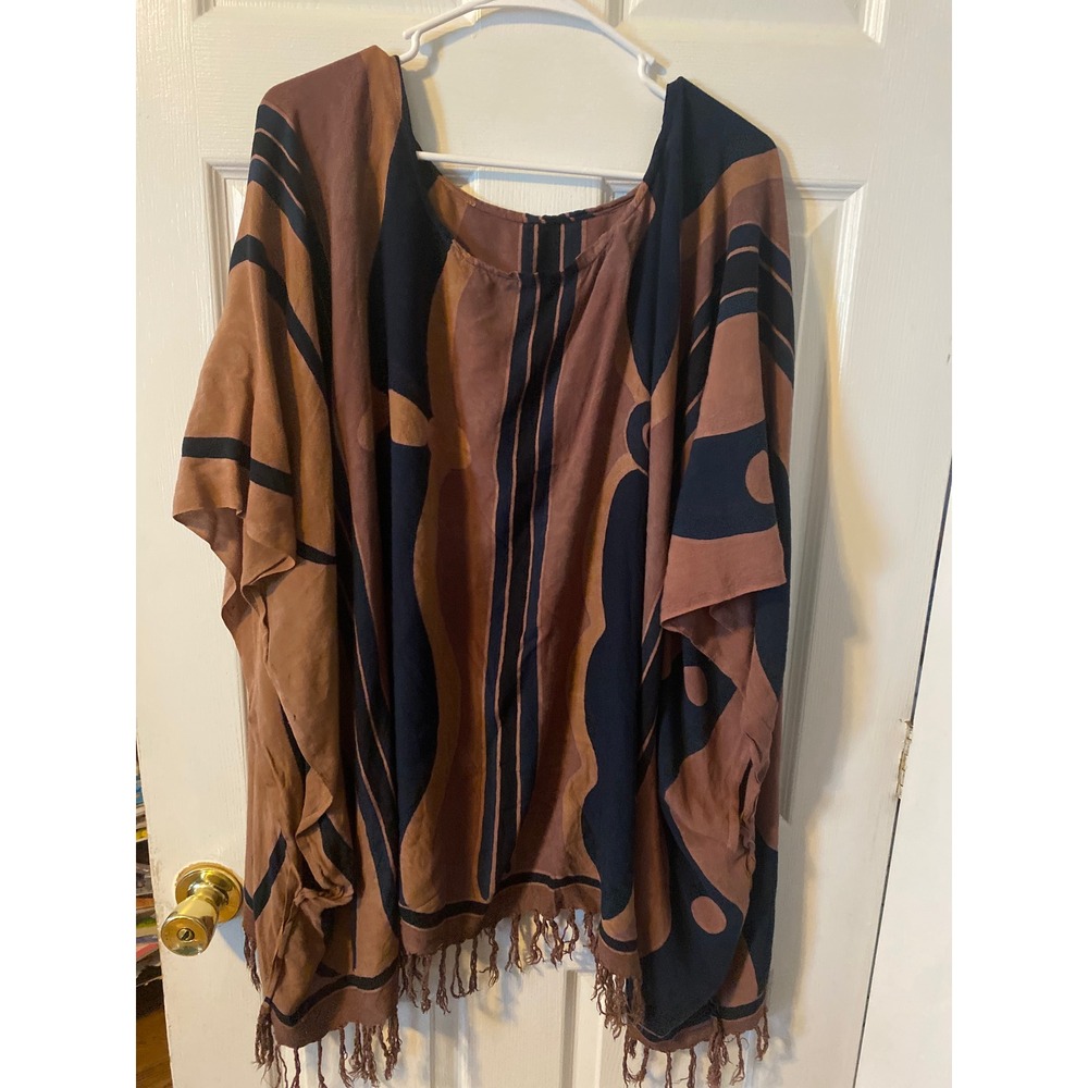 Boho Brown Navy Blue Abstract Geometric Print Fringe Hem Poncho Top One Size